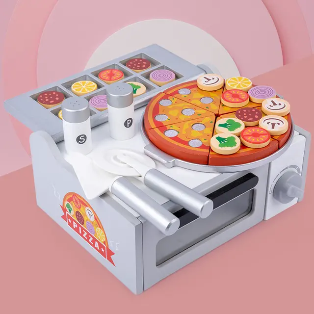 Food Wooden Pizza Making Toy Set with Toppings & Oven, Pretend Play Kitchen Cooking Playset