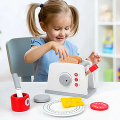 Toaster Toy with Kitchen Accessories, Interactive Early Learning Wood Playset with Wooden Bread, Plate, and Utensil for Kids