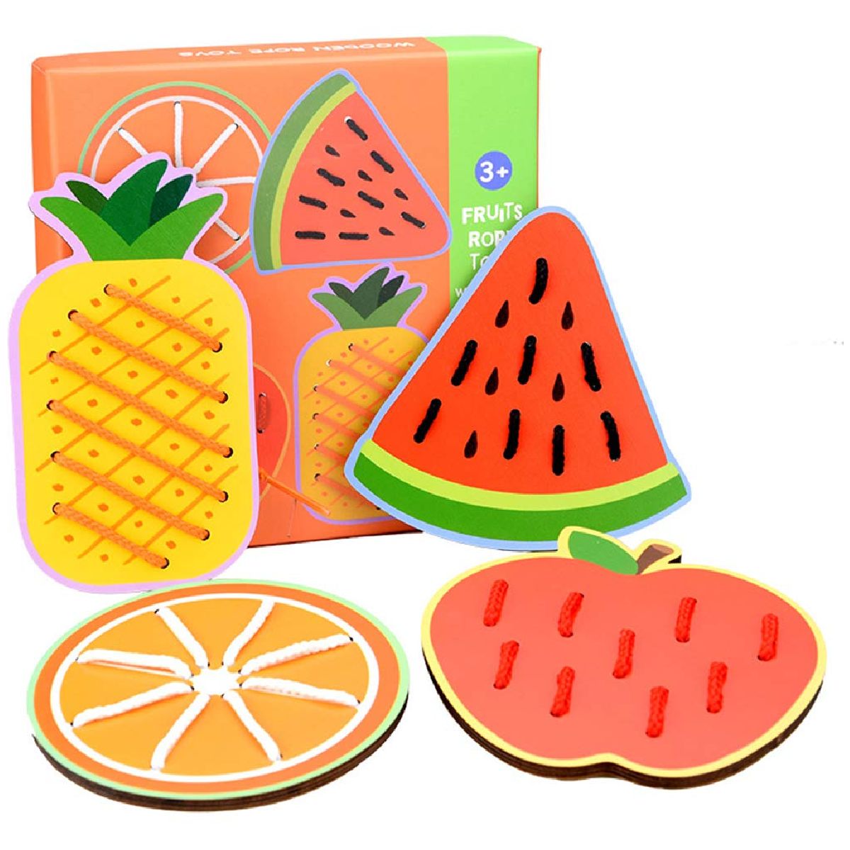 Lace and Trace Activity Set: Wooden Panels and Matching Laces – Fruit/Animal Shape